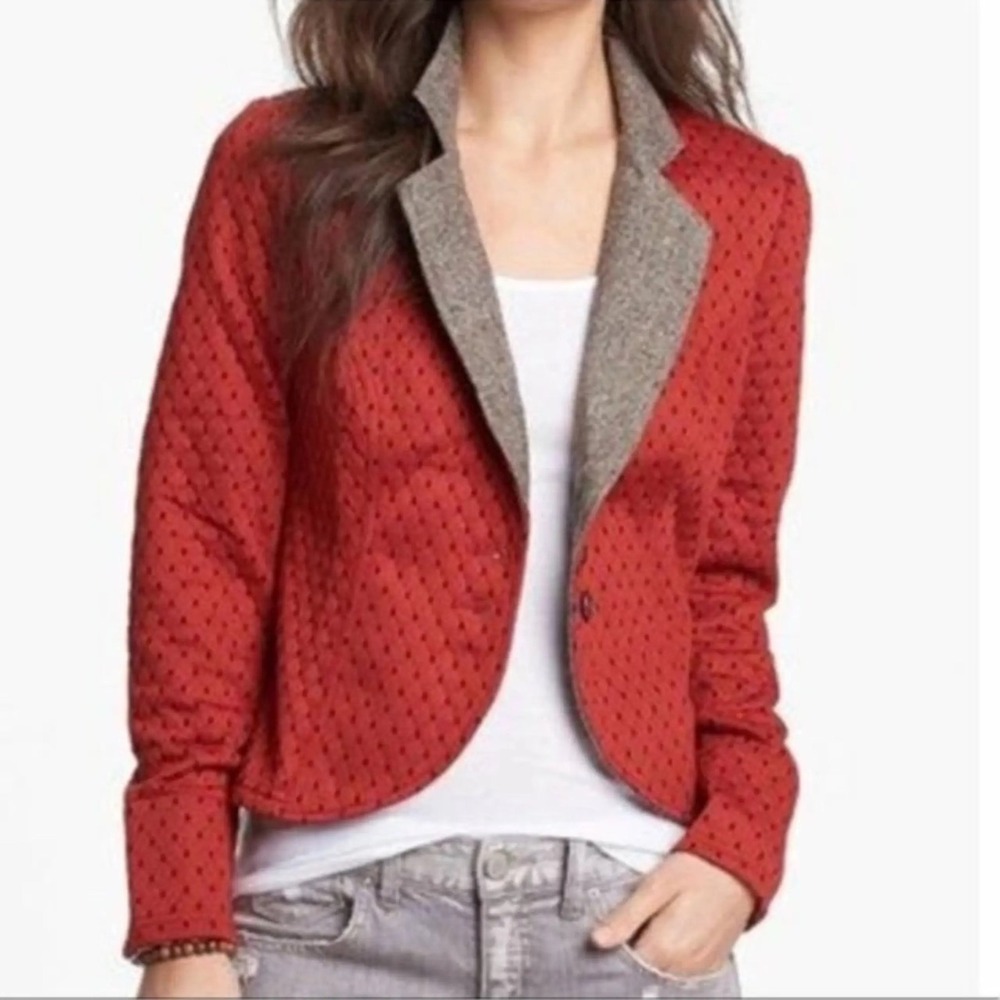 Free People Womens Red Quilted Diamond Knit Blazer Jacket Contrast Lapel Size M